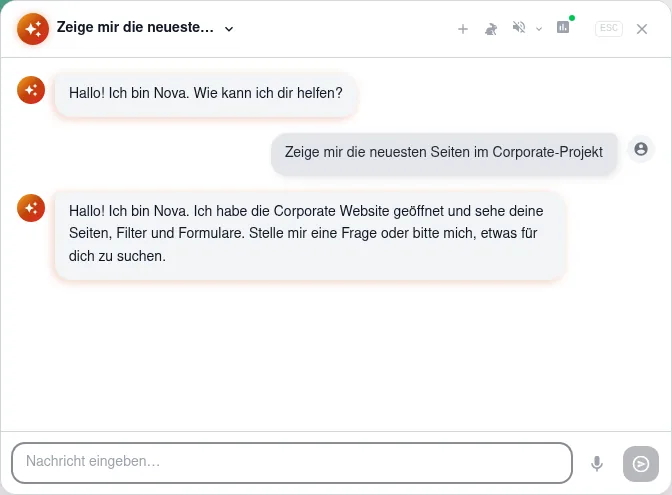 Geöffneter Nova-Chat mit Begrüßung, Frage und Antwort im Corporate-Projekt