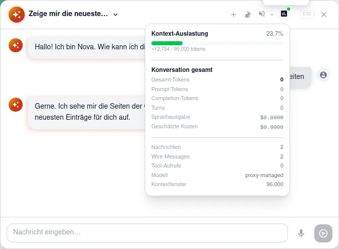 Token-Status mit Kontext-Auslastung und Zählern der Unterhaltung