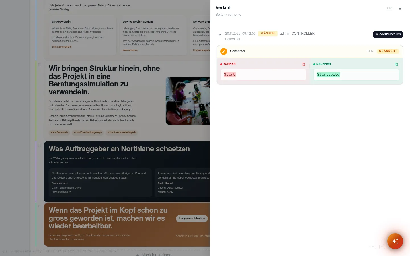 Aufgeklappter Verlaufseintrag mit Vorher-Nachher-Vergleich des Seitentitels