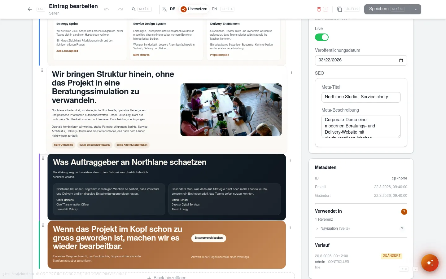 Verlaufsbereich in der Seitenleiste eines Eintrags mit einer Änderung von admin