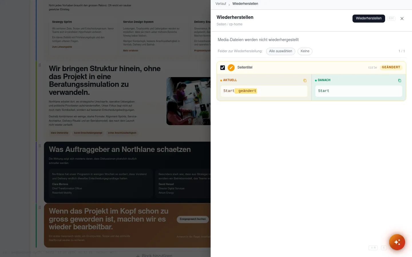 Wiederherstellen-Dialog mit Feldauswahl und den Knöpfen „Alle auswählen" und „Keine"